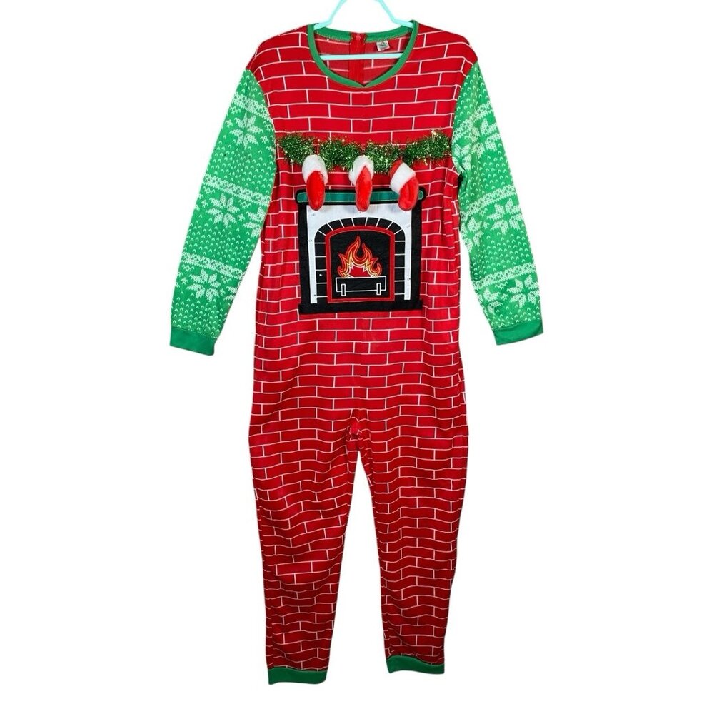 Adult Costume One Piece L Ugly Christmas Santa Pajama Suit Fireplace 3D Stocking